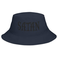 Navy bucket hat with Black Satan Pure Evil embroidered artwork, front view