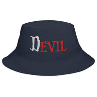 Navy bucket hat with The Devil Is Evil embroidered artwork, front view