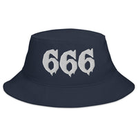 Navy bucket hat with White 666 embroidered artwork, front view