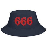 Navy bucket hat with Red 666 embroidered artwork, front view