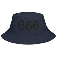 Navy bucket hat with Black 666 embroidered artwork, front view