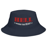 Navy bucket hat with Hell Is Where The Heart Is embroidered artwork, front view