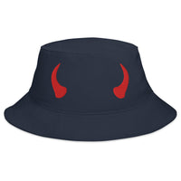 Navy bucket hat with Red Devil Horns embroidered artwork, front view