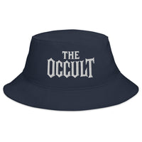Navy bucket hat with The Occult White embroidered artwork, front view