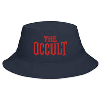 Navy bucket hat with The Occult Red embroidered artwork, front view