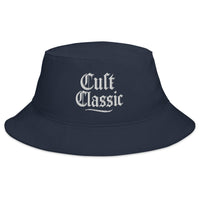 Navy bucket hat with Cult Classic White Gen X embroidered artwork, front view