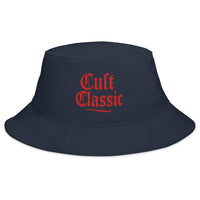 Navy bucket hat with Cult Classic Red Gen X embroidered artwork, front view
