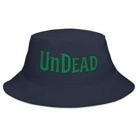 Navy bucket hat with Undead Zombie Horror embroidered artwork, front view