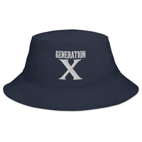 Navy bucket hat with Gen X Retro embroidered artwork, front view