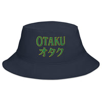 Navy bucket hat with Otaku オタク Japanese embroidered artwork, front view