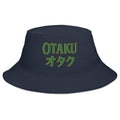 Navy bucket hat with Otaku オタク Japanese embroidered artwork, front view