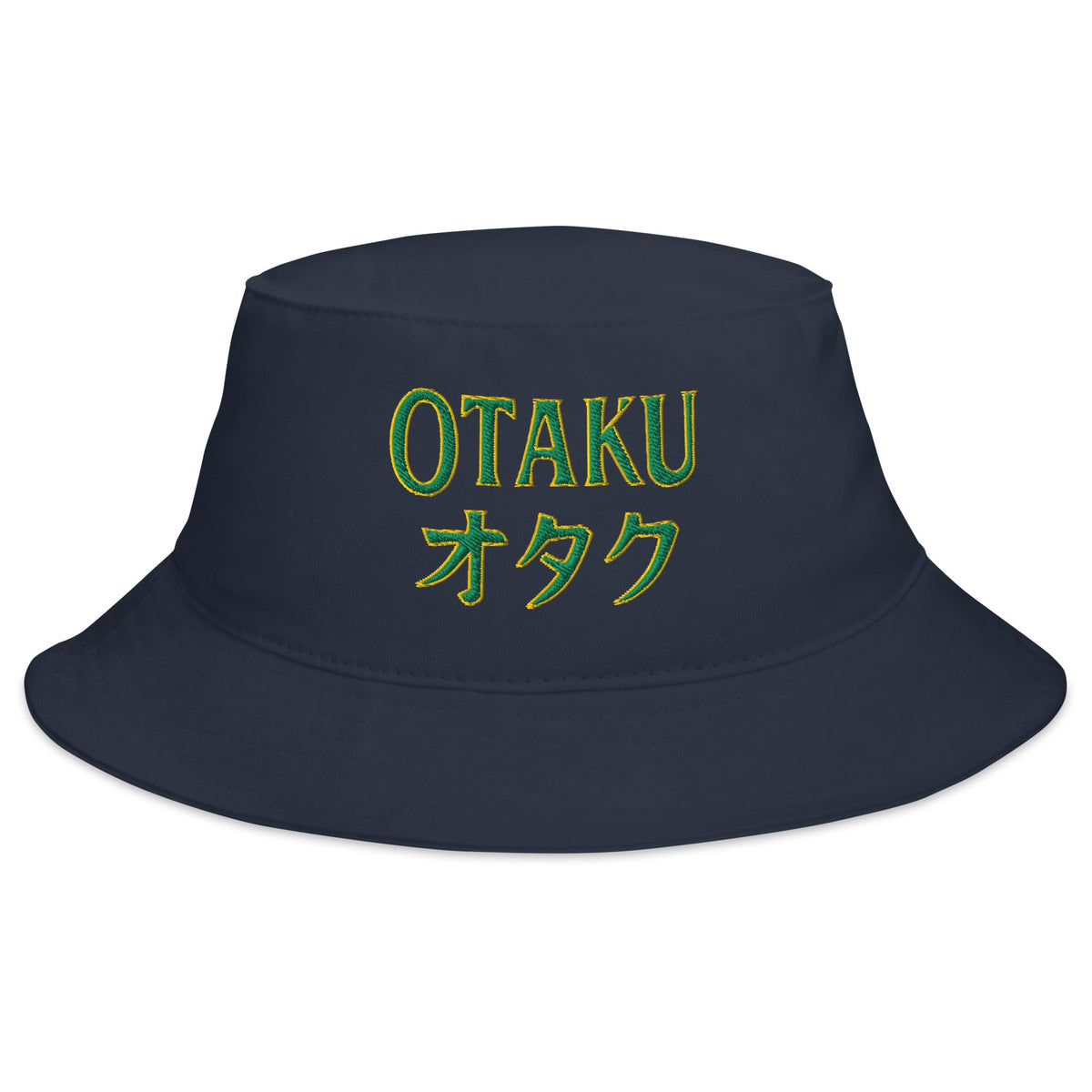 Navy bucket hat with Otaku オタク Japanese embroidered artwork, front view