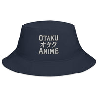 Navy bucket hat with Otaku オタク Anime embroidered artwork, front view