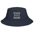 Navy bucket hat with Otaku オタク Anime embroidered artwork, front view
