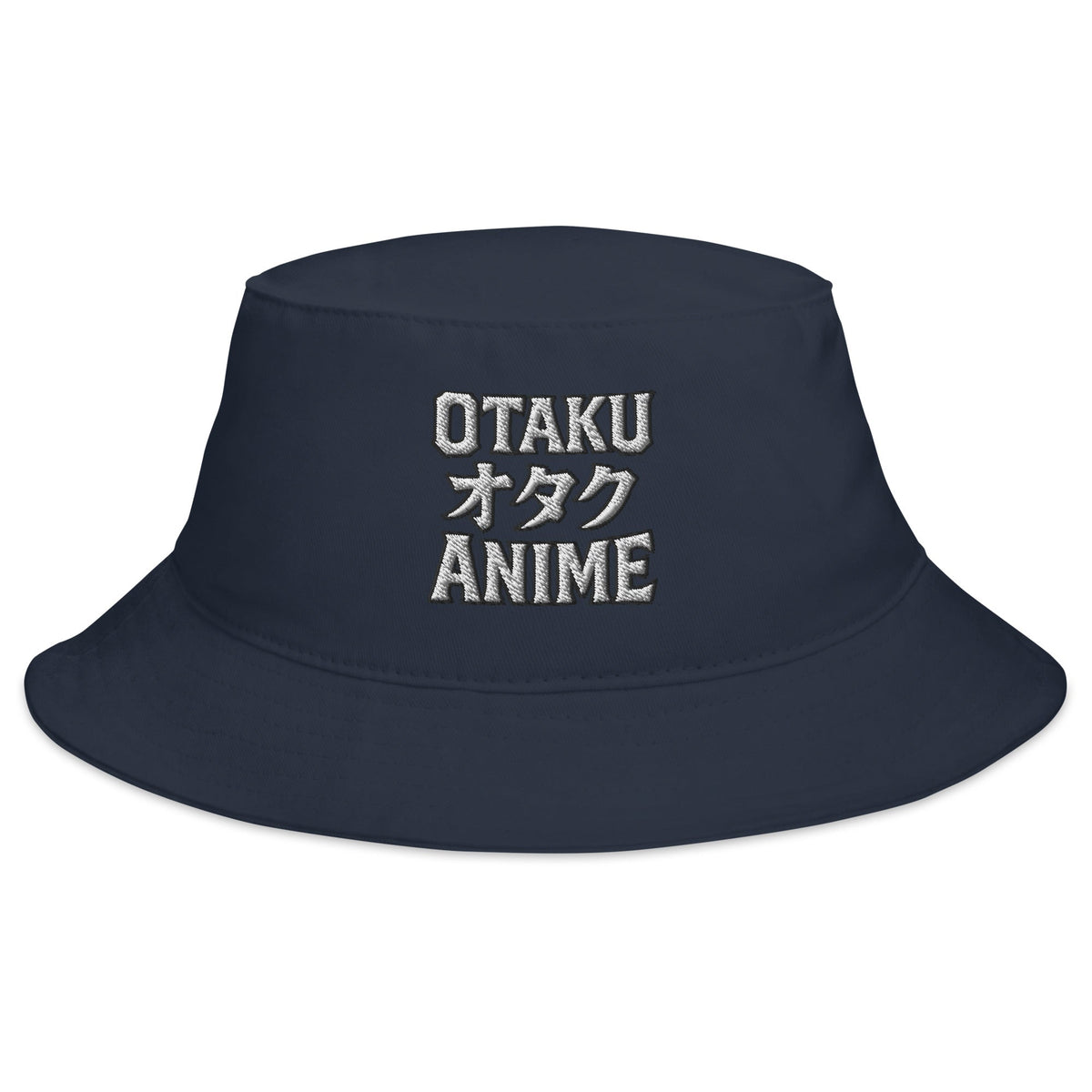 Navy bucket hat with Otaku オタク Anime embroidered artwork, front view
