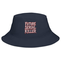 Navy bucket hat with Future Serial Killer embroidered artwork, front view