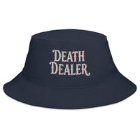 Navy bucket hat with Death Dealer embroidered artwork, front view