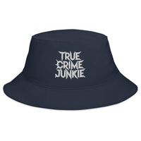 Navy bucket hat with True Crime Junkie embroidered artwork, front view