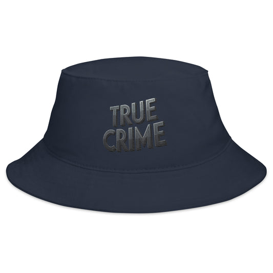 Navy bucket hat with Detective Style True Crime embroidered artwork, front view