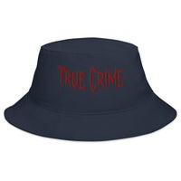 Navy bucket hat with Blood Drip True Crime embroidered artwork, front view