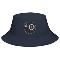 Navy bucket hat with Black 8 Ball Billiards embroidered artwork, front view