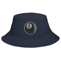 Navy bucket hat with 8 Ball Billiards embroidered artwork, front view