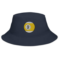 Navy bucket hat with Nine Ball Line Billiards embroidered artwork, front view