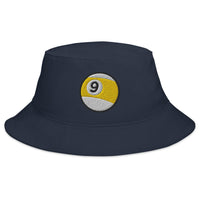 Navy bucket hat with Nine Ball Billiards embroidered artwork, front view