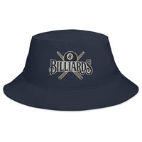 Navy bucket hat with Billiards 8 Ball embroidered artwork, front view