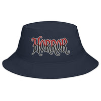 Navy bucket hat with HORROR True Crime embroidered artwork, front view