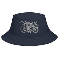 Navy bucket hat with Future Corpses Horror embroidered artwork, front view
