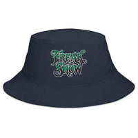 Navy bucket hat with Freak Show Horror Carnival embroidered artwork, front view