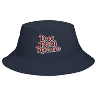 Navy bucket hat with Dark Truth Revealed True Crime embroidered artwork, front view