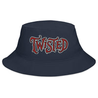Navy bucket hat with Twisted Horror Carnival embroidered artwork, front view
