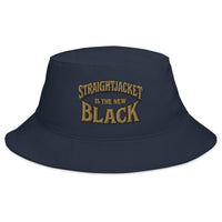 Navy bucket hat with Straightjacket Is the New Black embroidered artwork, front view