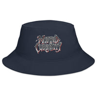 Navy bucket hat with Morbid Curiosity Horror embroidered artwork, front view