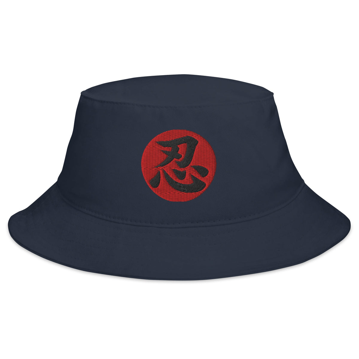 Navy bucket hat with Endure Kanji 忍 (Nin) embroidered artwork, front view