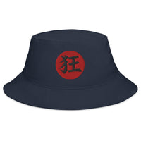 Navy bucket hat with Madness Kanji 狂 (Kyō) embroidered artwork, front view