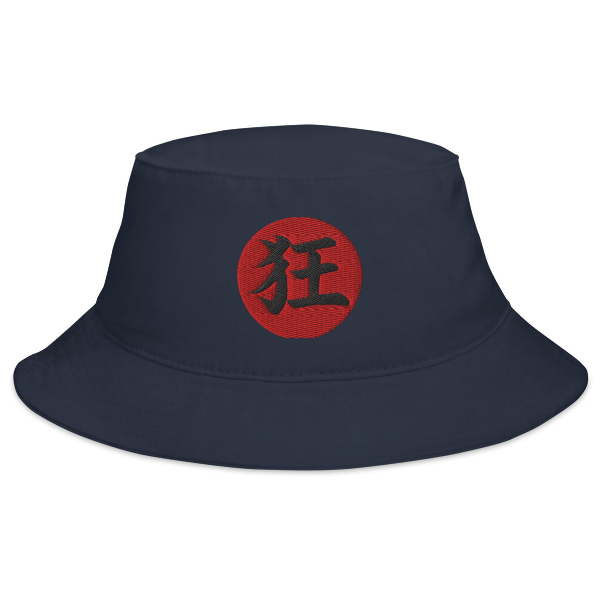 Navy bucket hat with Madness Kanji 狂 (Kyō) embroidered artwork, front view
