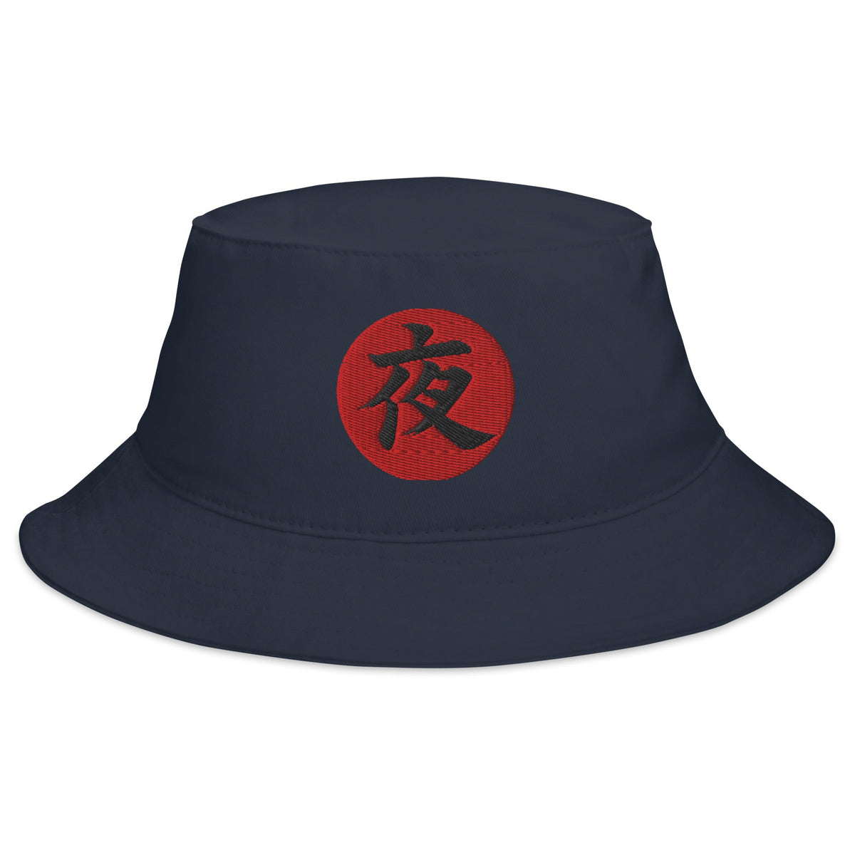 Navy bucket hat with Night Kanji 夜 (Yoru) embroidered artwork, front view