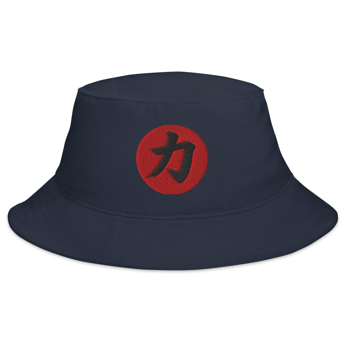 Navy bucket hat with Power Kanji 力 (Chikara) embroidered artwork, front view