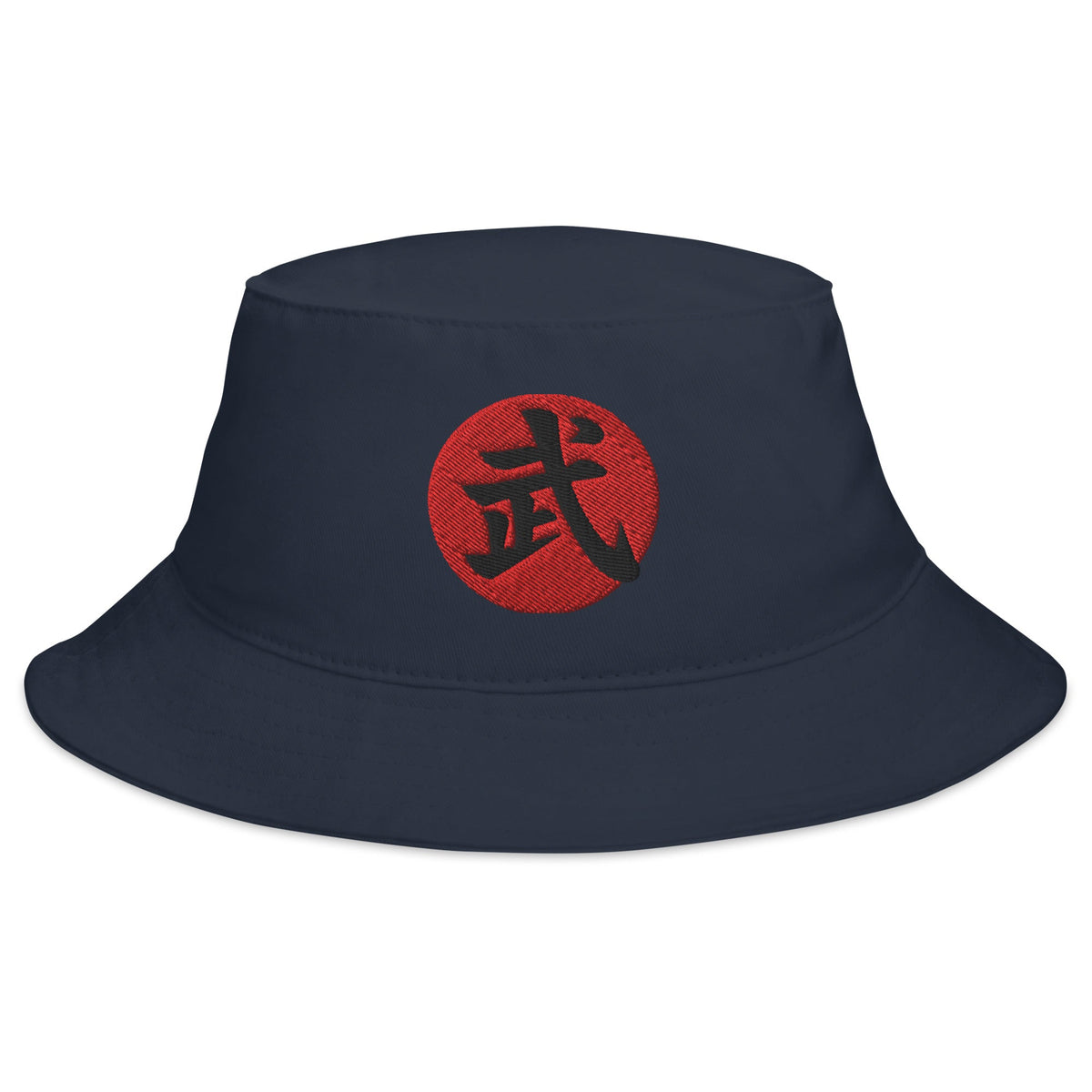 Navy bucket hat with Warrior Kanji 武 (Bu) embroidered artwork, front view