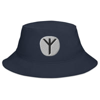 Navy bucket hat with Algiz Rune embroidered artwork, front view