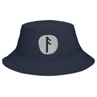 Navy bucket hat with Ansuz Rune embroidered artwork, front view