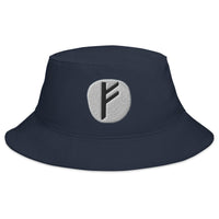 Navy bucket hat with Fehu Rune embroidered artwork, front view