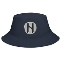 Navy bucket hat with Hagalaz Rune embroidered artwork, front view