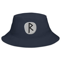 Navy bucket hat with Raidho Rune embroidered artwork, front view