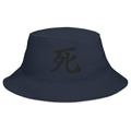 Navy bucket hat with Death Kanji Symbol embroidered artwork, front view