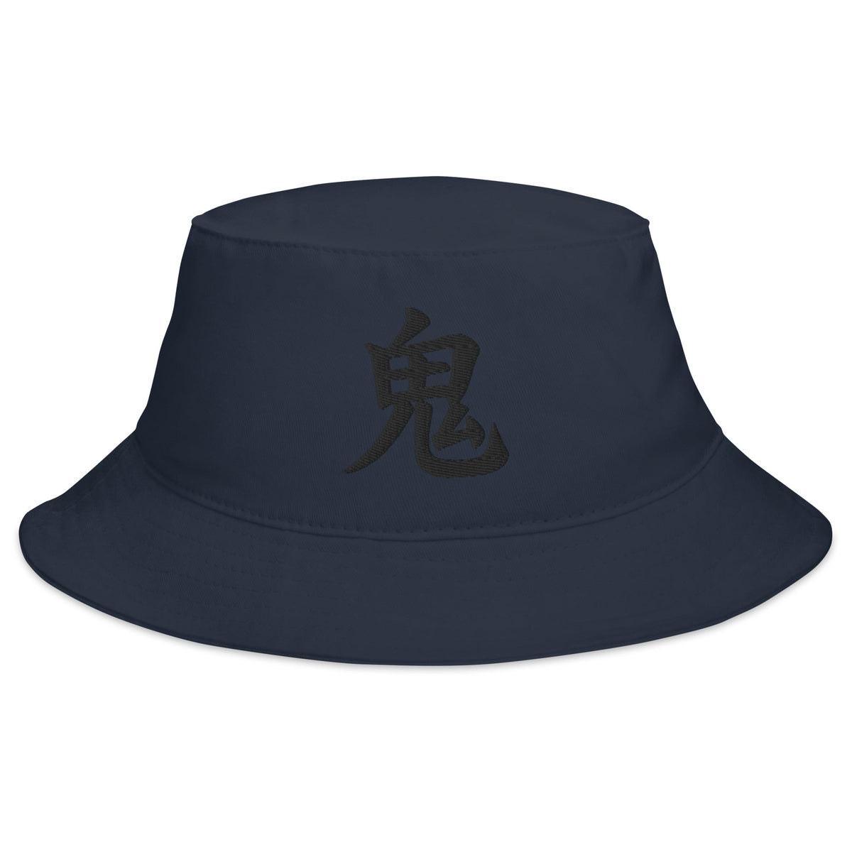 Navy bucket hat with Demon Kanji Symbol embroidered artwork, front view