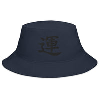 Navy bucket hat with Luck Kanji Symbol embroidered artwork, front view
